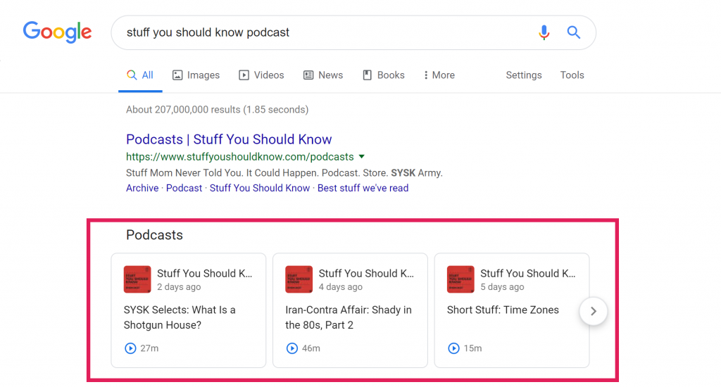 Screenshot of Google search results for "stuff you should know" podcasts