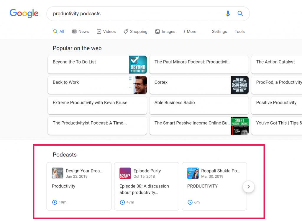 Screenshot of Google search results for "productivity" podcasts