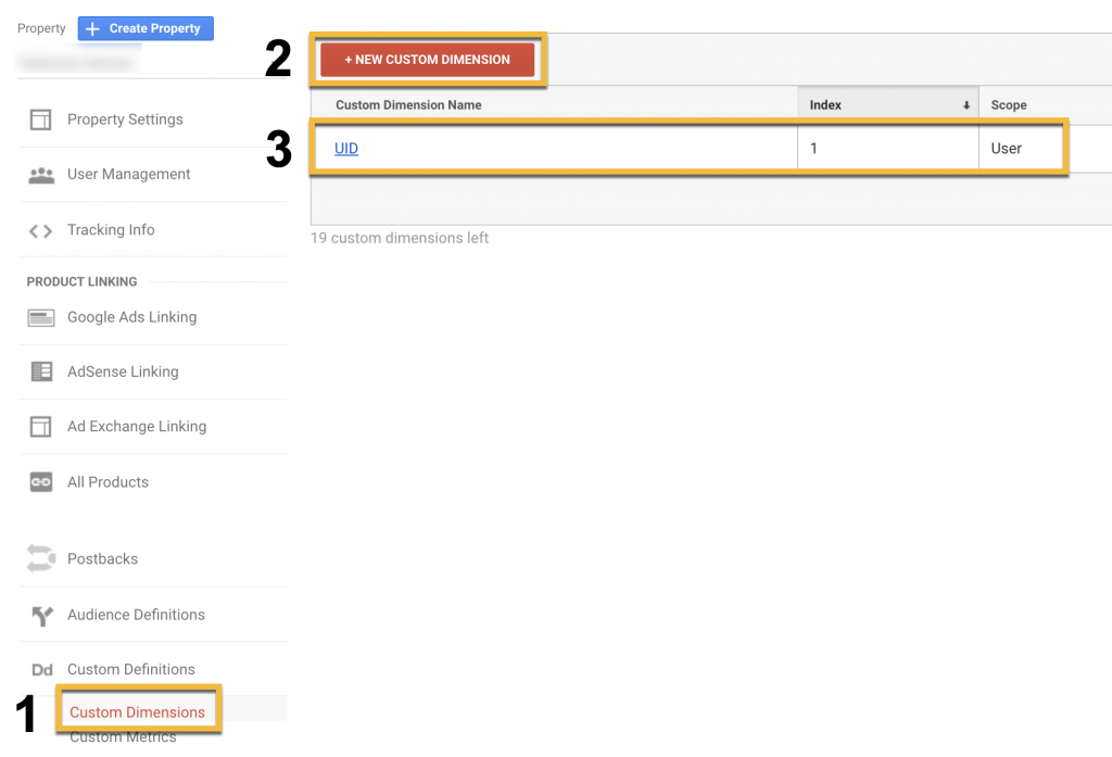 Screenshot showing the steps to create custom dimensions in Google Analytics