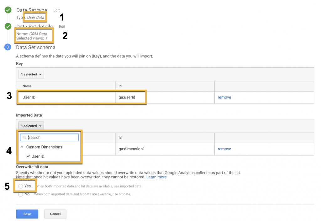 Screenshot showing the steps to create a data set with dimensions from your CRM in Google Analytics